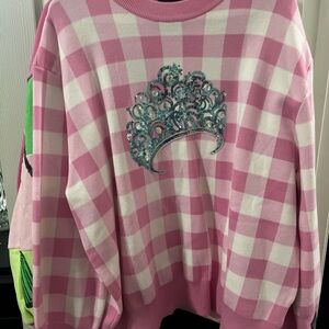 QUEEN OF SPARKLES Wicked Glinda Pink Checkered Sweatshirt with Glittering Crown